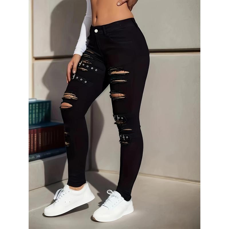 Women's Leisure Ripped Black Denim Skinny Jeans, Garter Button Details, Stretch Fit, All Match Streetwear Trousers