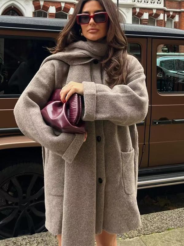 Women's Solid Button Front Pocket Coat with Scarf, Casual Long Sleeve Outerwear for Fall & Winter, Women's Clothing for Daily Wear