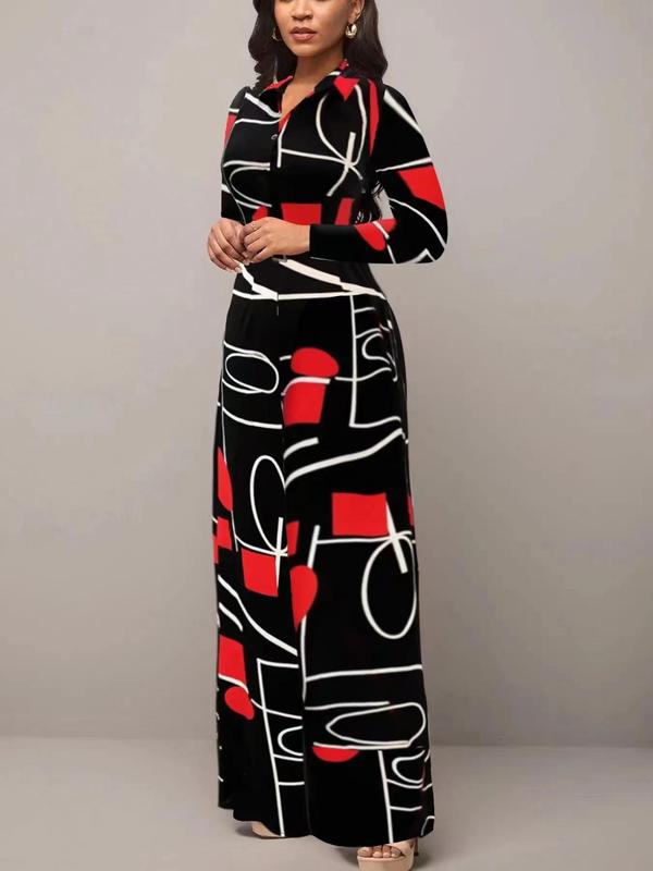 Women's Chic All Over Geometric Print Buttons Belted Wide Leg Jumpsuit, Lady Elegant Casual Long Sleeve Collared Jumpsuit for Spring & Fall, Womenswear, Ladies Clothes for Daily Wear