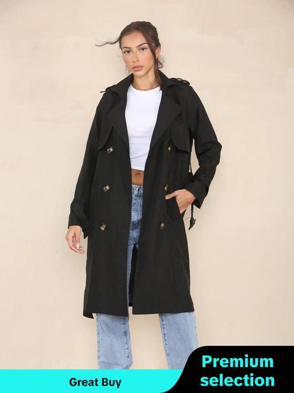 Women's Solid Double Button Belted Trench Coats, Elegant Lapel Neck Long Sleeve Coat for Fall, Winter Wear Casual Wear , Women's Outerwear for Daily Wear