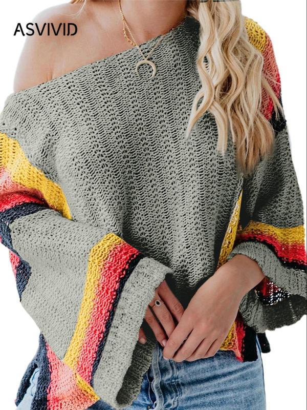 Women's Colorblock Striped Print Flounce Sleeve Sweaters, Casual Long Sleeve Round Neck Knitting Jumper, Fall Clothes, Knit Sweater for Women, Ladies' Knitwear for Daily Wear, Womenswear