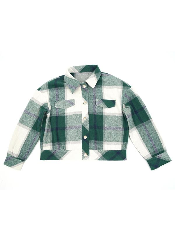 Women's Plaid Print Button Front Drop Shoulder Shirt, Casual Long Sleeve Collared Top for Fall & Winter, Women's Clothes for Daily Wear