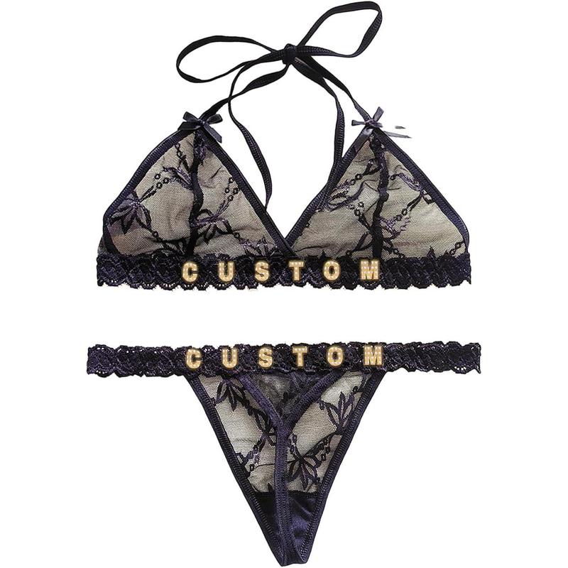 Personalized Thongs with Names Bra Set,Custom Sexy Lace Thongs with Name,Personalized Underwear Panties Lace Bikini