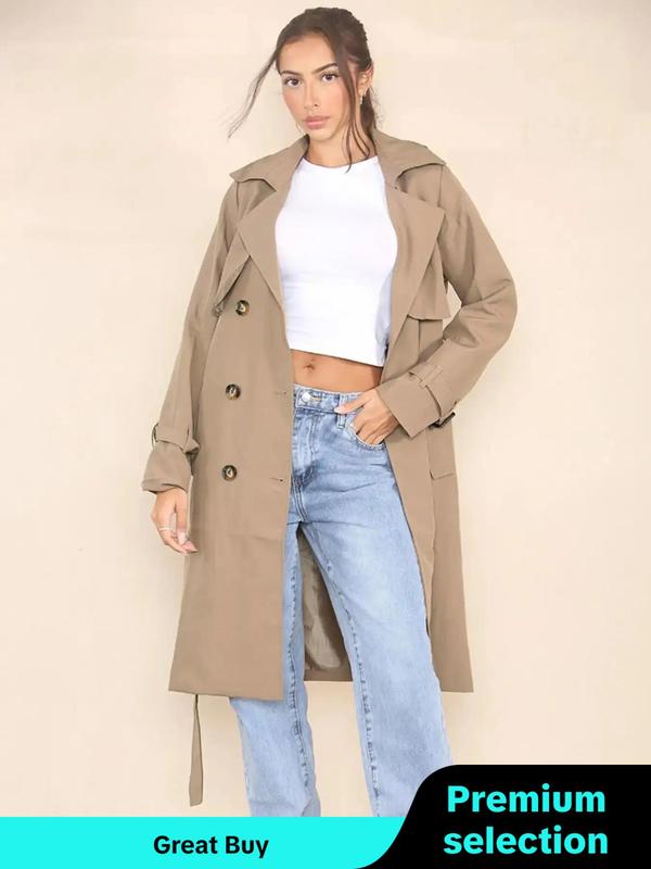Women's Solid Double Button Belted Trench Coats, Elegant Lapel Neck Long Sleeve Coat for Fall, Winter Wear Casual Wear , Women's Outerwear for Daily Wear