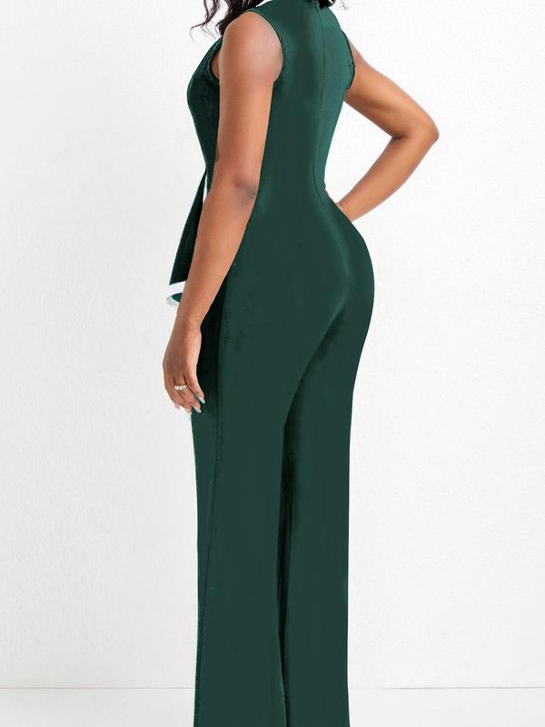 Women's Contrast Binding Sleeveless Jumpsuit, Summer Clothes Women, Lady Elegant Comfort Belted Wrap Overalls, Lady Clothes for Business Office, Womenswear One-Piece Outfits, Minimalist Basic Business Summer Outfits 2024