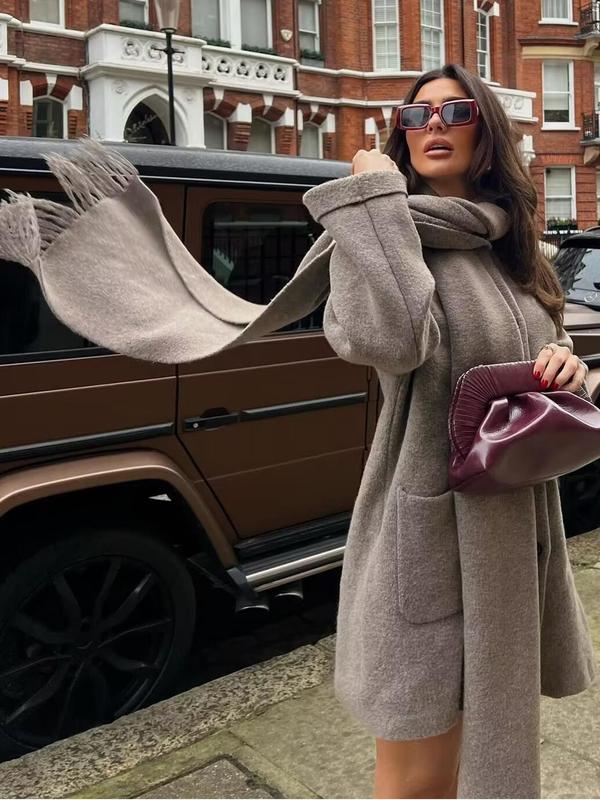 Women's Solid Button Front Pocket Coat with Scarf, Casual Long Sleeve Outerwear for Fall & Winter, Women's Clothing for Daily Wear