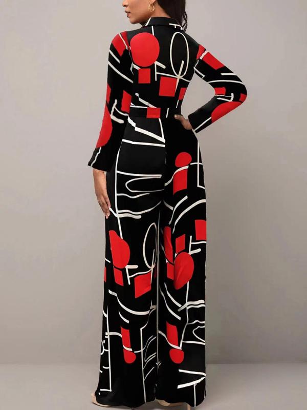 Women's Chic All Over Geometric Print Buttons Belted Wide Leg Jumpsuit, Lady Elegant Casual Long Sleeve Collared Jumpsuit for Spring & Fall, Womenswear, Ladies Clothes for Daily Wear
