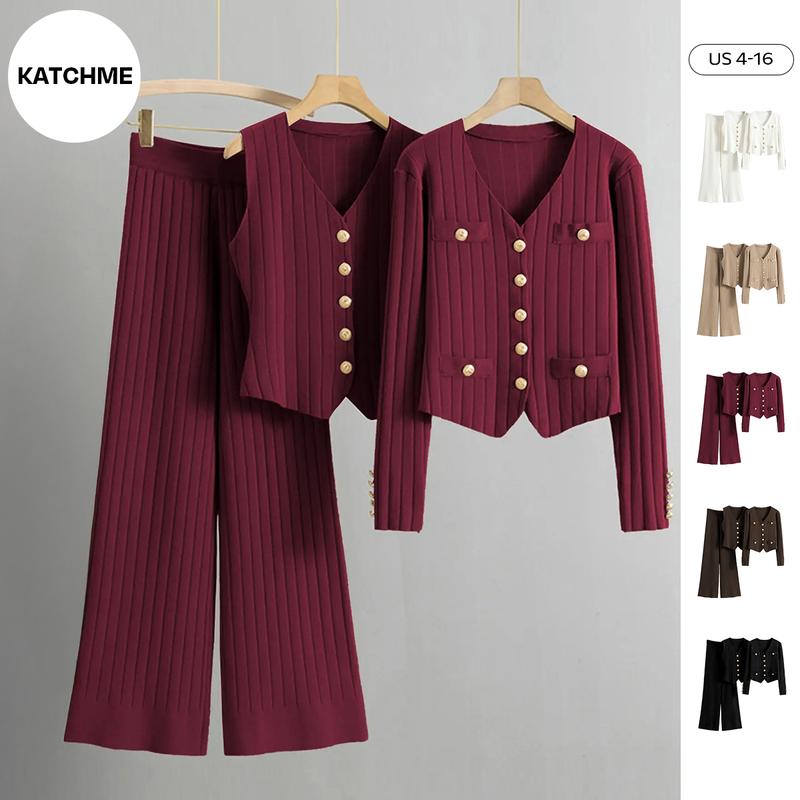 KatchMe Women's Solid Button Front Vest & Wide Leg Pants & Long Sleeve Cardigan Set, 3 Counts set Casual Outfits for Fall & Winter