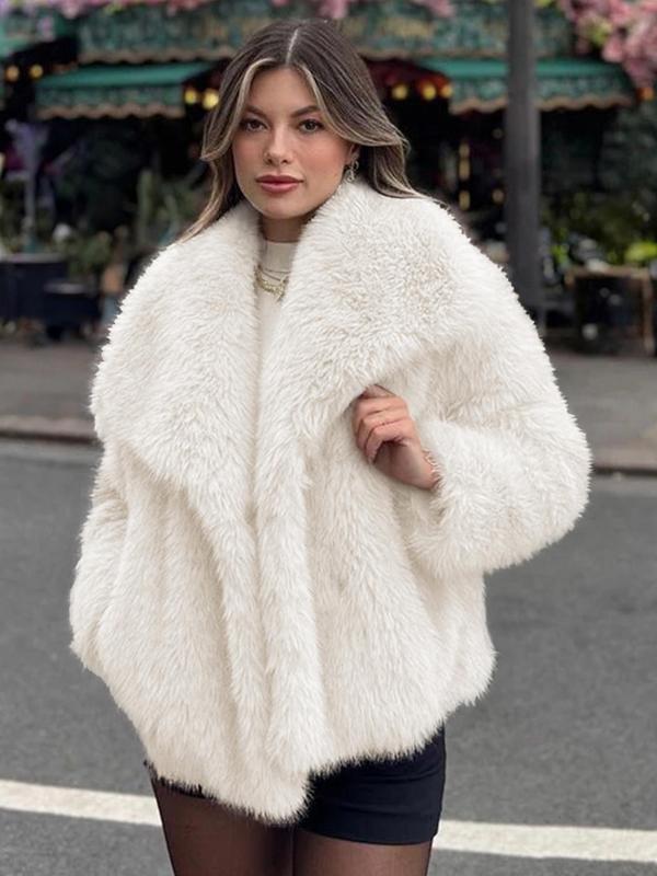 Women's Elegant Solid Color Wide Lapel Snap Closure Fuzzy Thermal Outerwear
