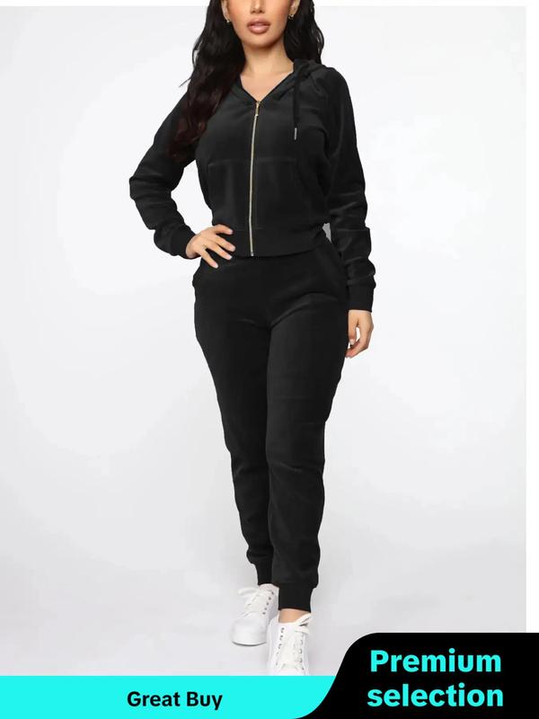 Women's Solid Zip Up Drawstring Waist Pants Set, Casual 2 Piece Set 2pcs Pocket Hooded Top & Trousers for Fall & Winter, Ladies Clothes for Daily Wear, Fall Sweaters