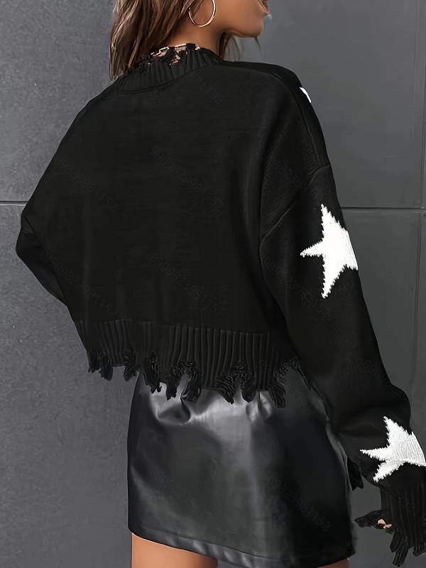 Women's Star Pattern Drop Shoulder Raw Hem Sweater, Casual Long Sleeve V Neck Jumper for Daily Outdoor Wear, Ladies Knitwear for All Seasons