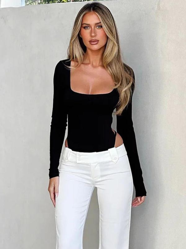 Women's Solid Color Thong Design Backless Square Neck Bodysuit, Sexy Casual Criss Cross Long Sleeve Bodysuit for Spring & Fall, Women's Clothes for Daily Wear