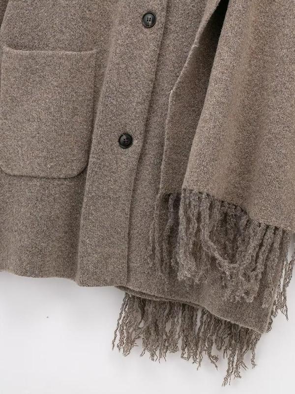 Women's Solid Button Front Pocket Coat with Scarf, Casual Long Sleeve Outerwear for Fall & Winter, Women's Clothing for Daily Wear