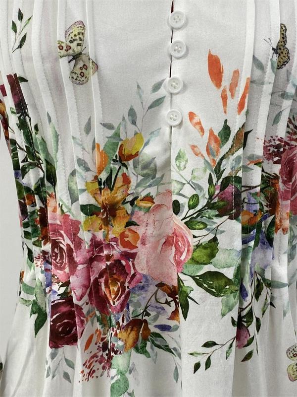 Women's Floral Print Button Front Peplum Tee, Elegant Flounce Sleeve Round Neck Top for Spring & Summer, Women's Clothing for Daily Wear, Graphic Tees, Summer Bohemian Tops