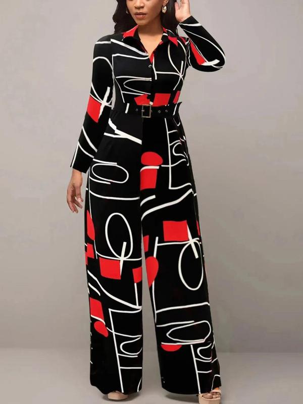 Women's Chic All Over Geometric Print Buttons Belted Wide Leg Jumpsuit, Lady Elegant Casual Long Sleeve Collared Jumpsuit for Spring & Fall, Womenswear, Ladies Clothes for Daily Wear