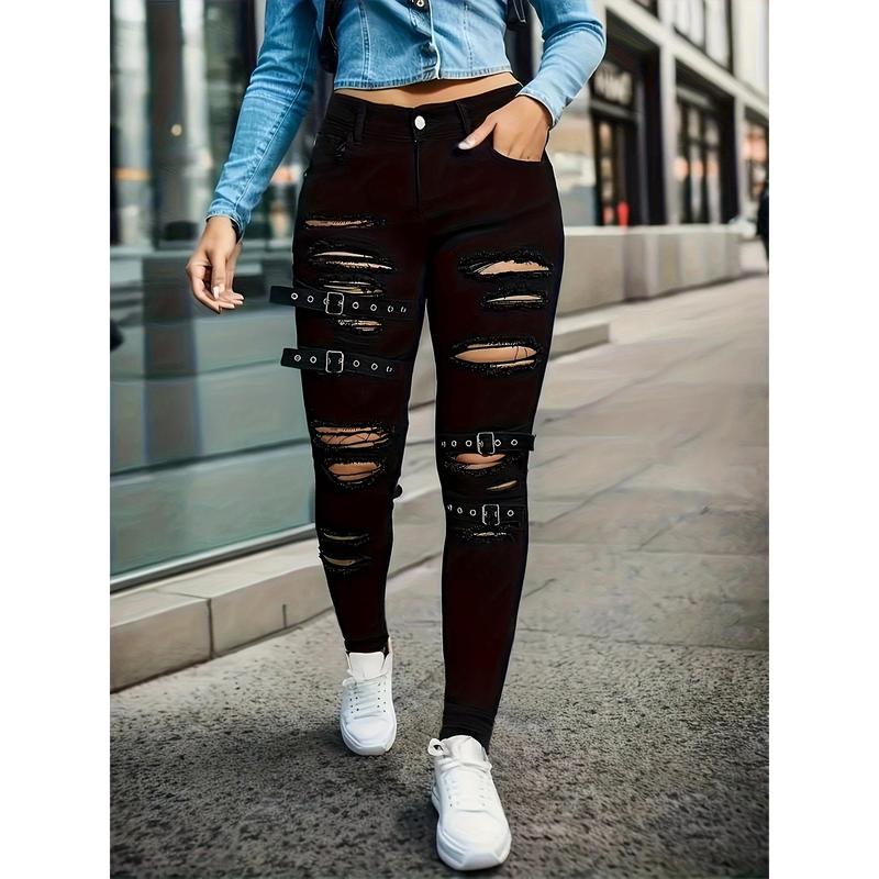 Women's Leisure Ripped Black Denim Skinny Jeans, Garter Button Details, Stretch Fit, All Match Streetwear Trousers