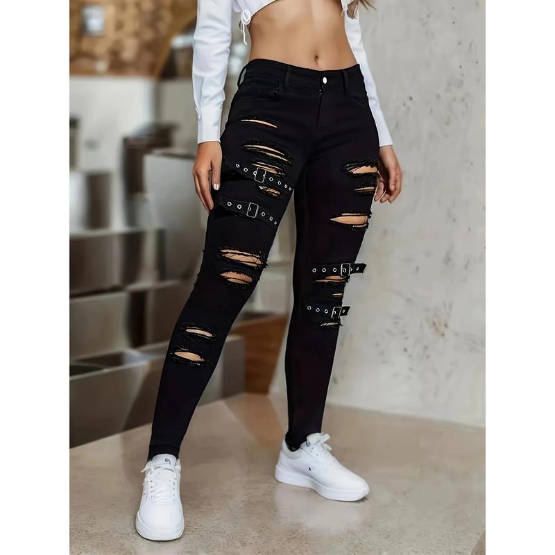 Women's Leisure Ripped Black Denim Skinny Jeans, Garter Button Details, Stretch Fit, All Match Streetwear Trousers