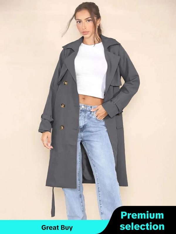 Women's Solid Double Button Belted Trench Coats, Elegant Lapel Neck Long Sleeve Coat for Fall, Winter Wear Casual Wear , Women's Outerwear for Daily Wear