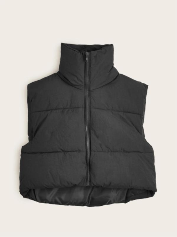 Women's Solid Drawstring Zip Up Crop Vest Jacket, Casual Stand Collar Sleeveless Outerwear for Fall & Winter, Women's Clothes for Daily Wear
